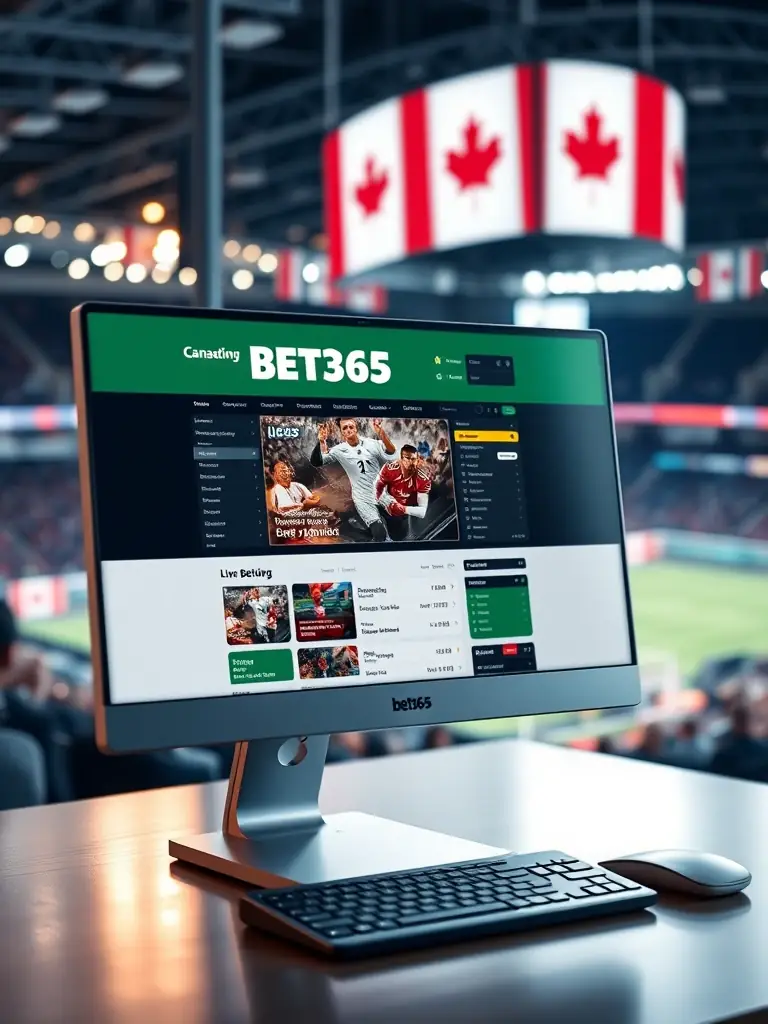A professional, high-quality photo of the Bet365 website interface on a desktop computer, showcasing its live betting options and user-friendly design, set against a blurred background of a Canadian sports arena.