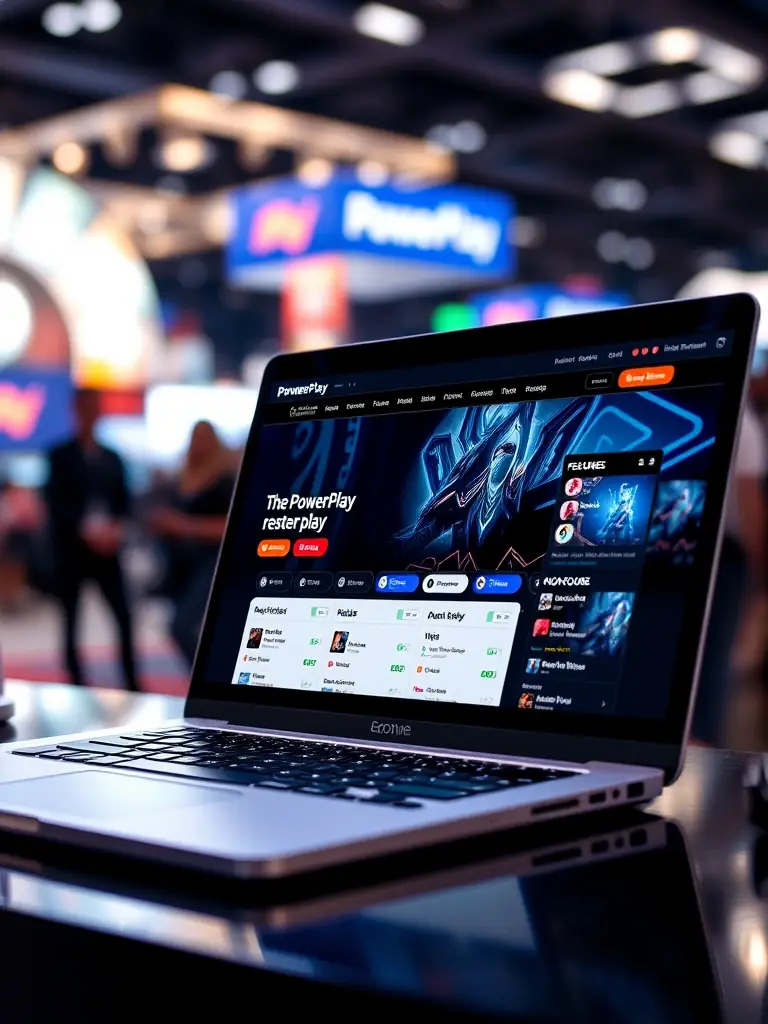 A clean, professional photo of the PowerPlay website interface on a laptop, emphasizing its focus on esports betting and modern design, with a blurred background of a gaming convention.