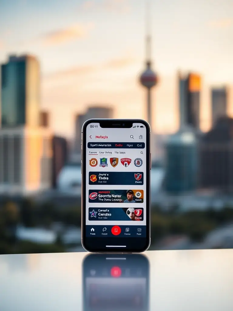 A well-lit, professional photo of the Sports Interaction mobile app interface on a smartphone, highlighting its easy navigation and focus on Canadian sports leagues, with a blurred background of a Canadian cityscape.