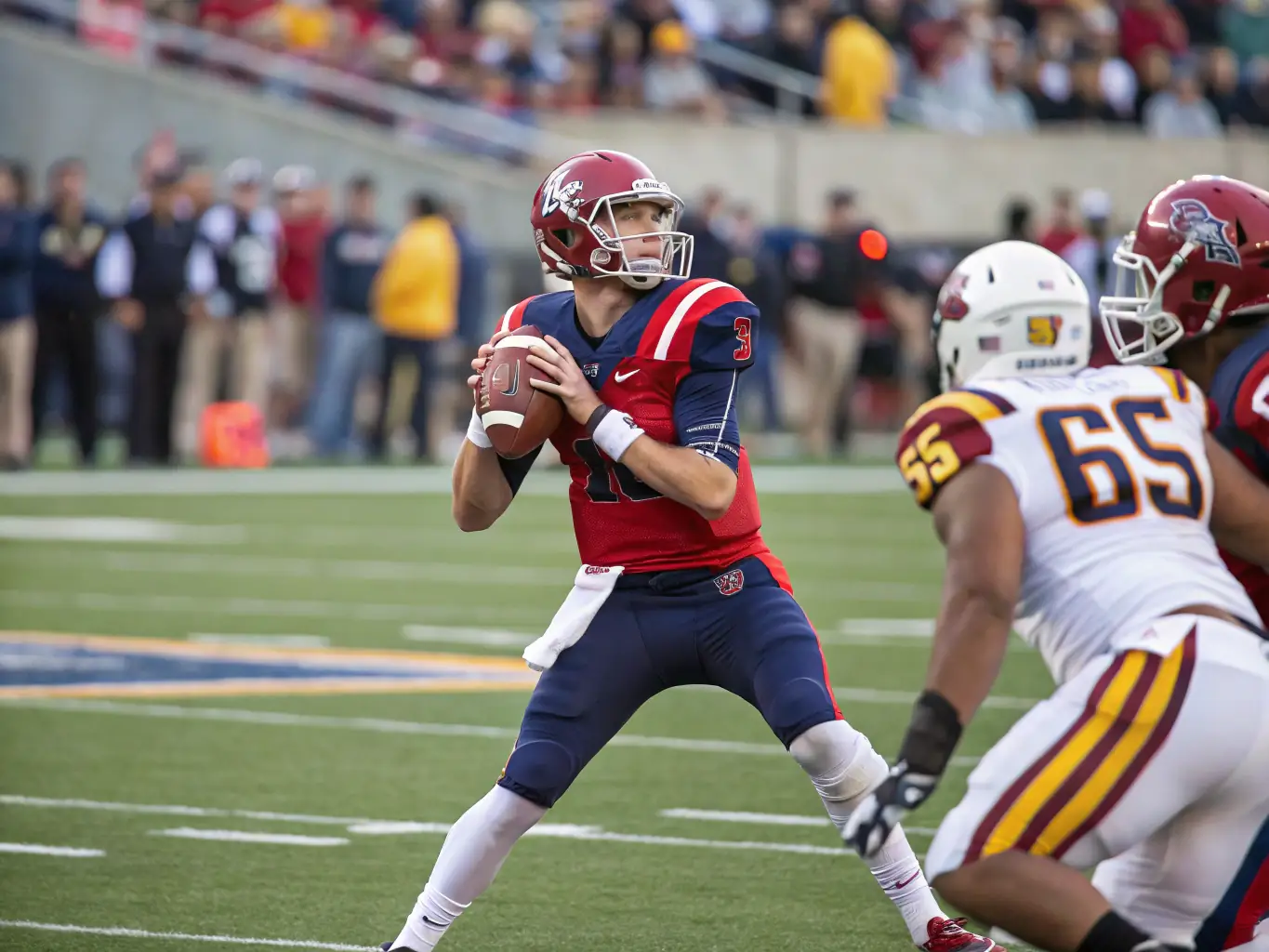 A thrilling image of a football game, showing a quarterback throwing a pass under pressure, representing the strategic nature of football betting.