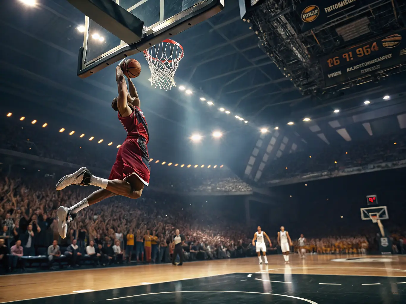 An action-packed image of a basketball game, featuring a player making a jump shot with defenders nearby, capturing the intensity of basketball betting.