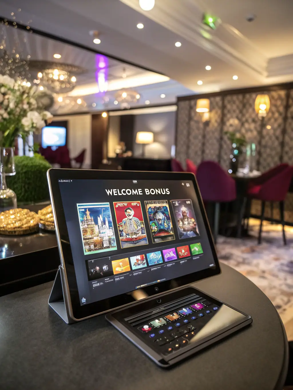 A vibrant, professional photo of the LeoVegas website interface on a tablet, showcasing its casino games and sports betting options, set against a blurred background of a luxurious casino interior.